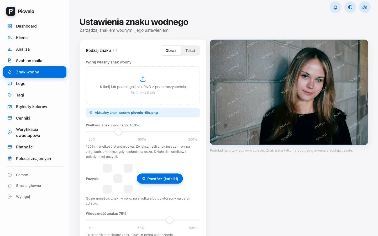 Automatyczny znak wodny w galerii zdjęć dla klienta