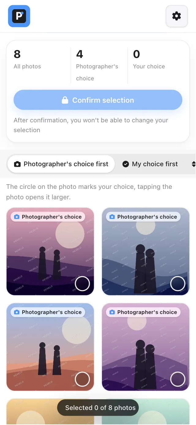 Client gallery on a phone with a selection circle in the corner of each photo