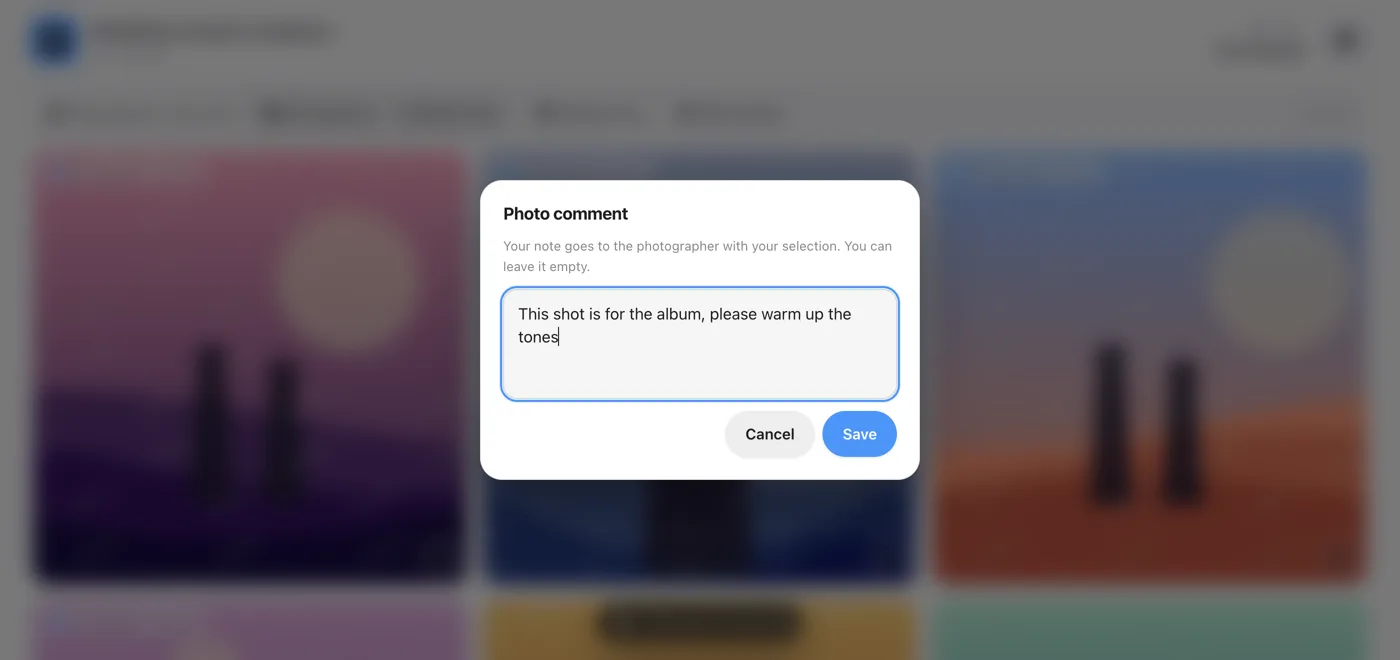 The photo comment window in the client gallery
