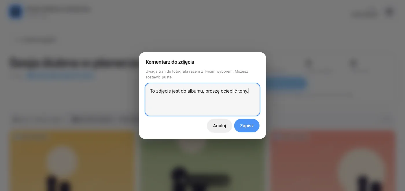 Okno komentarza do zdjęcia w galerii klienta