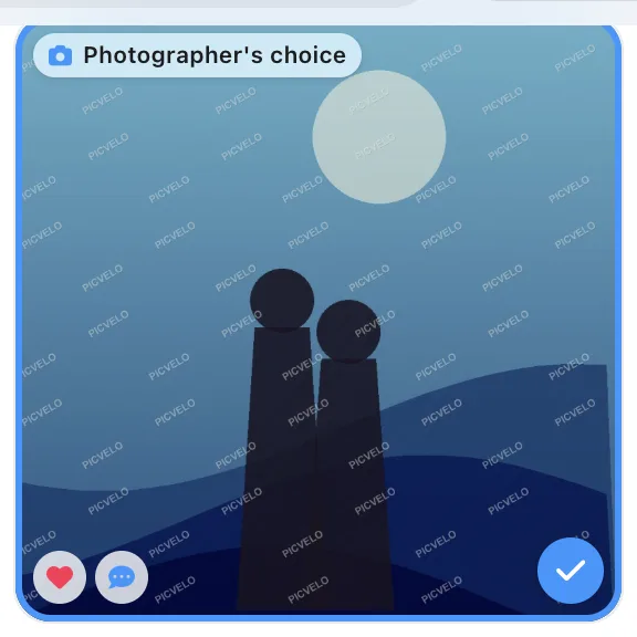 Photo card: the selection circle and a bar with the heart, reject sign and speech bubble