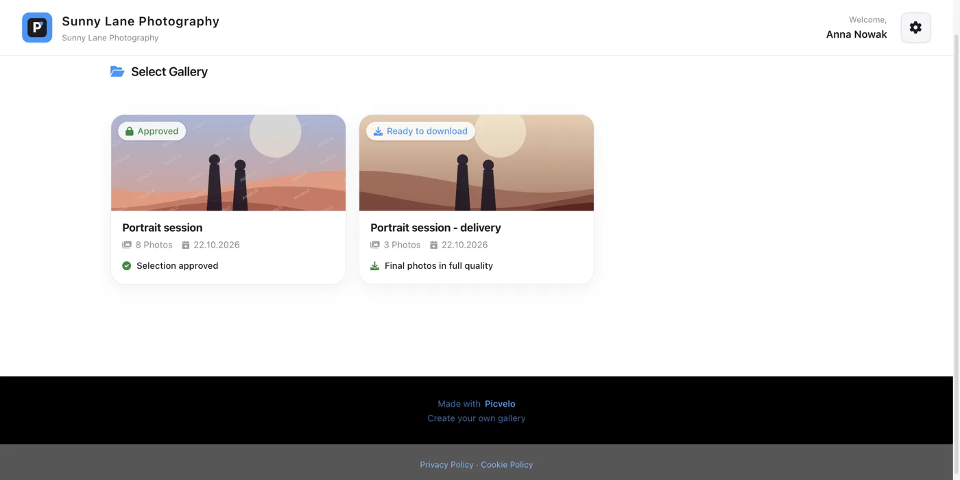 A client's gallery list with tiles, photo counts and status badges