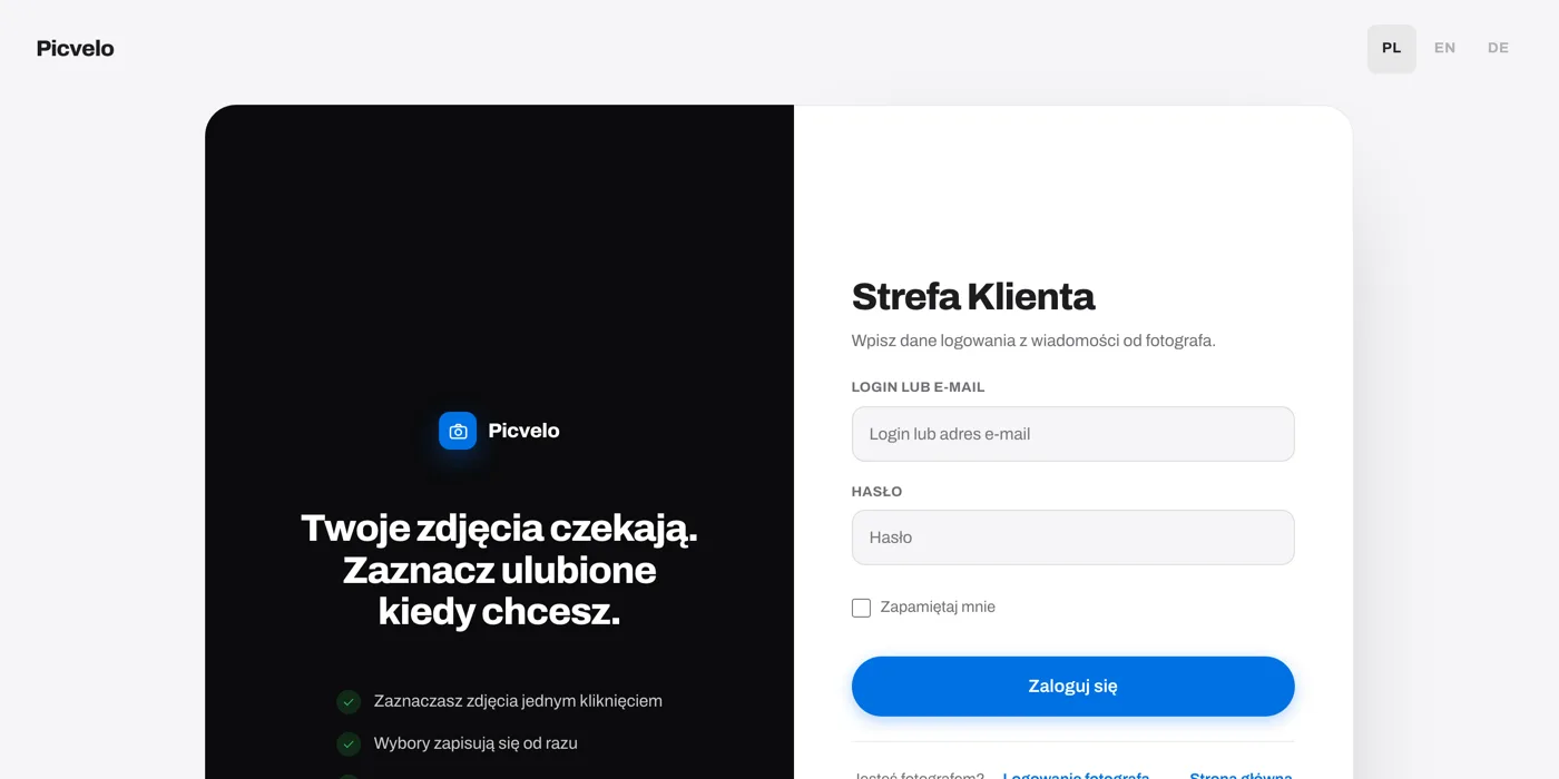 Strefa Klienta: pola Login lub e-mail, Hasło i Zapamiętaj mnie