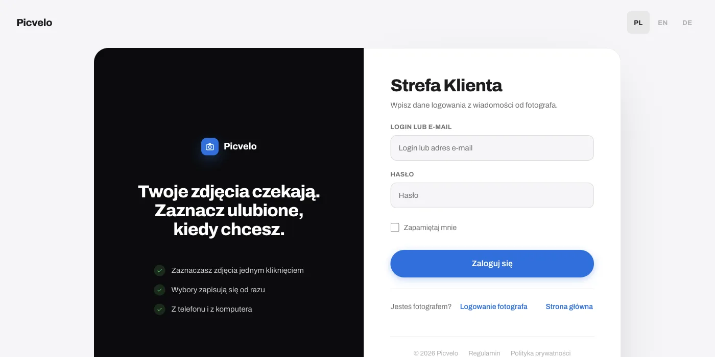 Strefa Klienta obok linku Logowanie fotografa na dole formularza