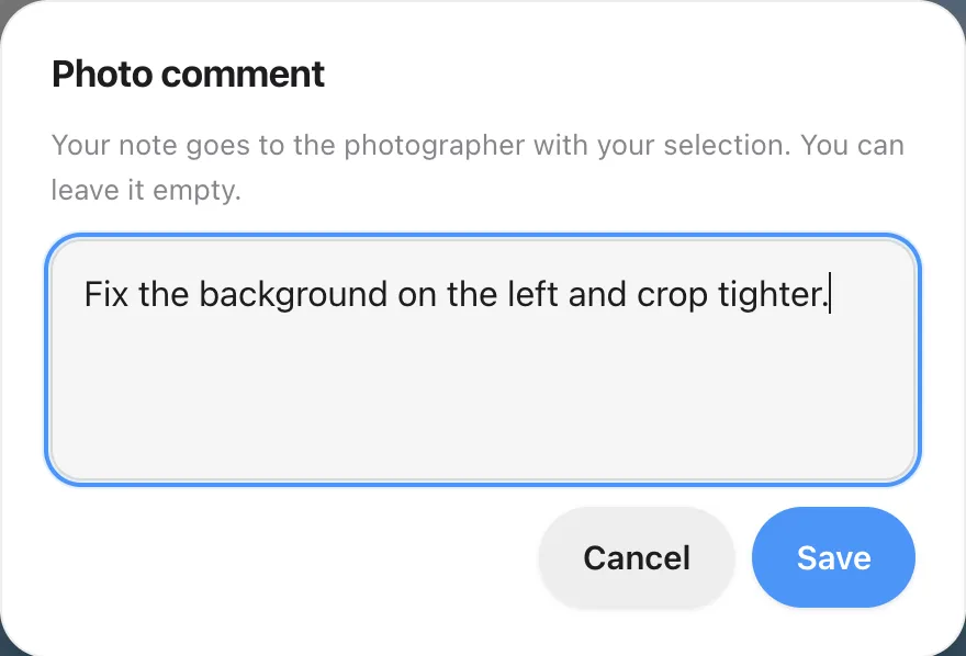 The Photo comment window with a typed comment and the Cancel and Save buttons