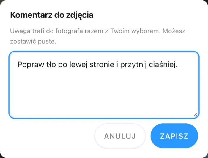 Okno Komentarz do zdjęcia z wpisaną uwagą i przyciskami Anuluj oraz Zapisz