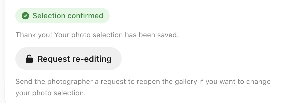 The Selection confirmed badge and the Request re-editing button