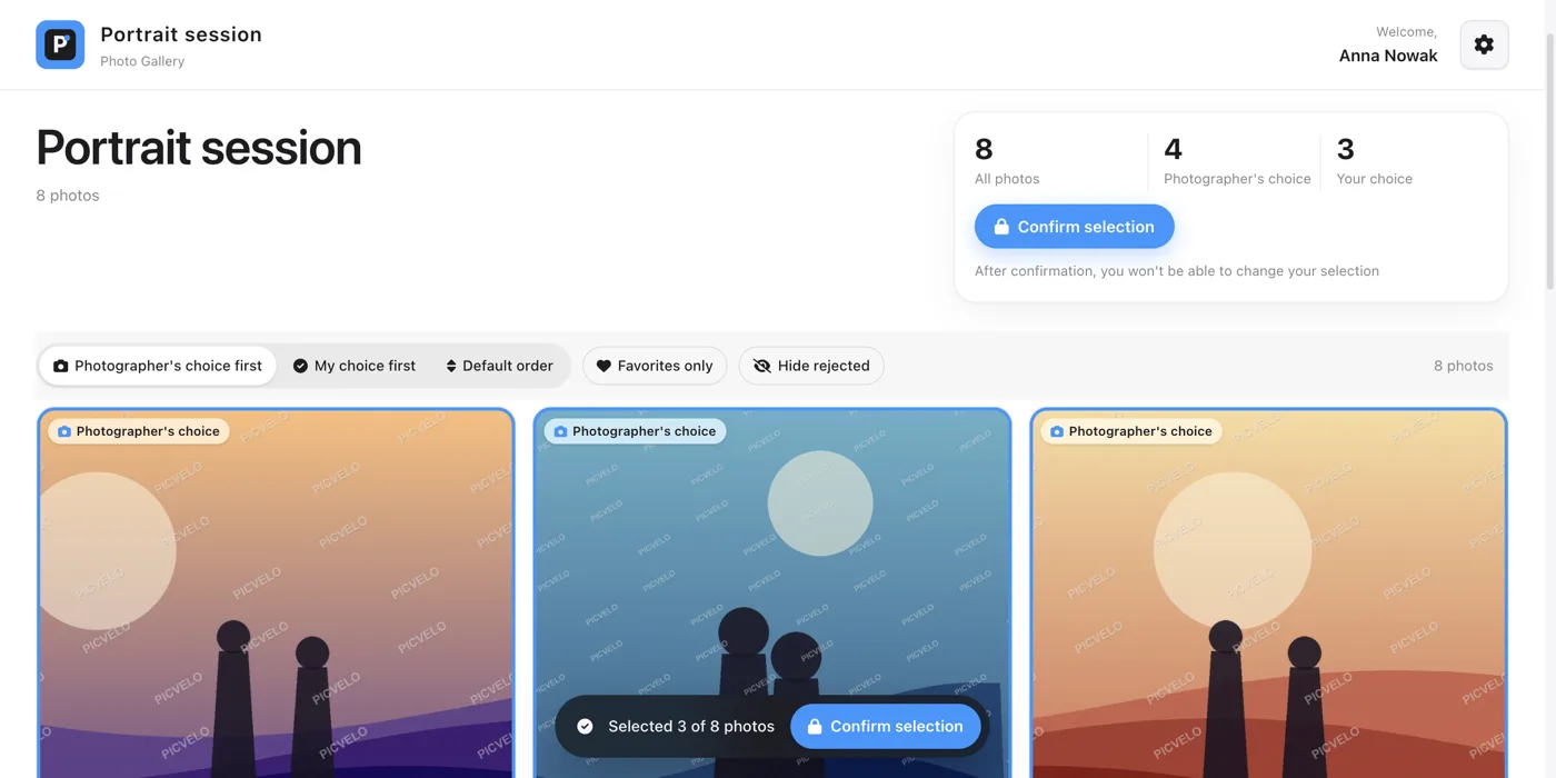 Client gallery: counters, the Confirm selection button and a grid of watermarked photos