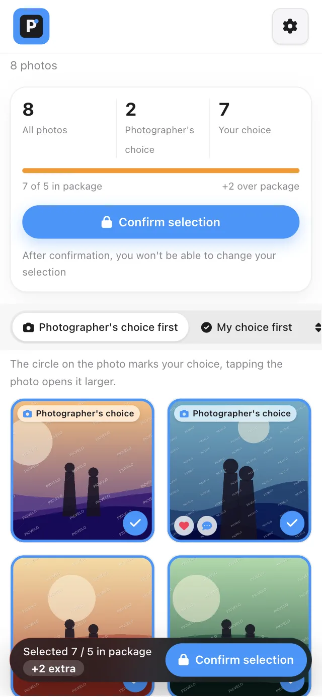 Client gallery on a phone: the selection circle in the corner of each tile