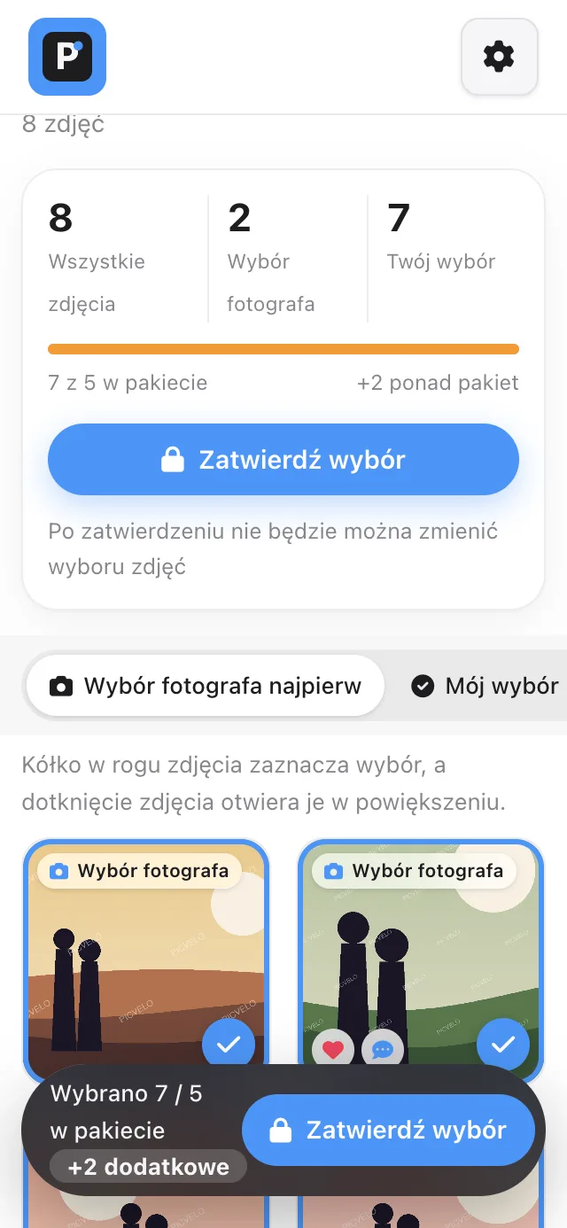 Galeria klienta na telefonie: kółko wyboru w rogu kafla
