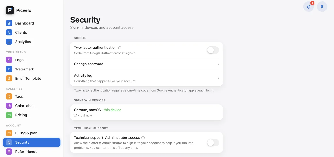 The Security tab in the Picvelo panel with the two-factor authentication switch