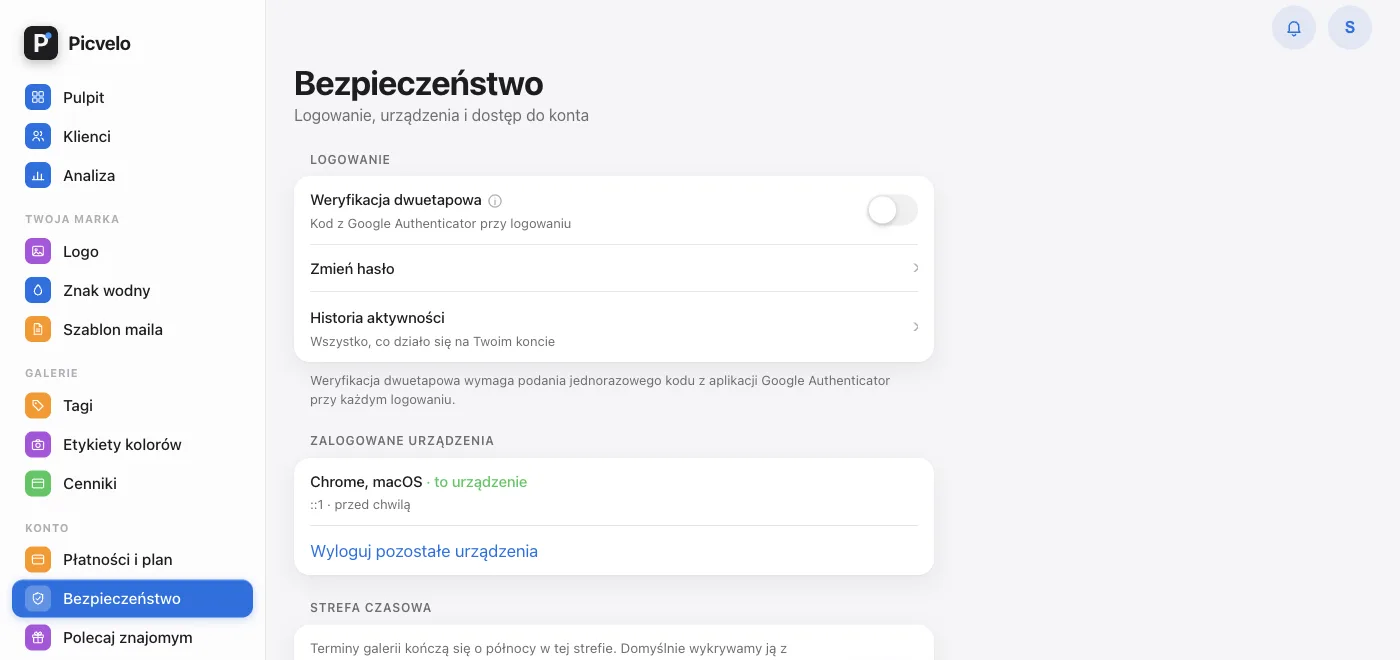 Zakładka Bezpieczeństwo w panelu Picvelo z przełącznikiem weryfikacji dwuetapowej