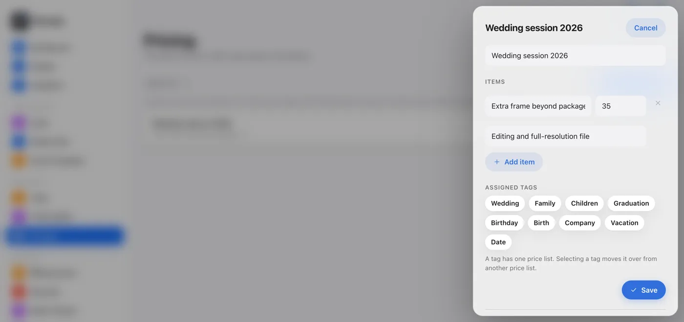 The Pricing tab with a price list item and a tag assignment