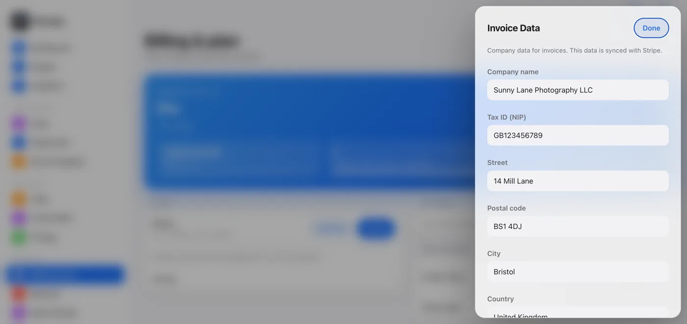 Invoice data and payment history in the Billing & plan tab