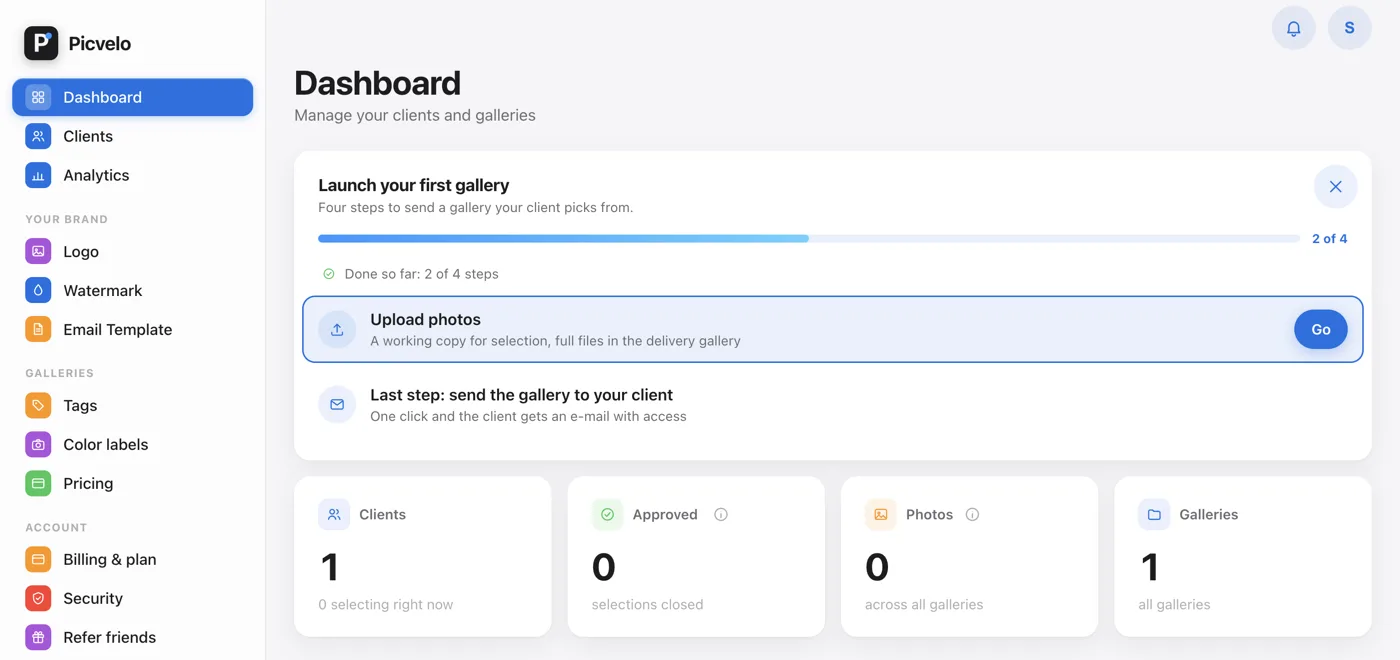 The dashboard after sign-in with the steps to your first gallery