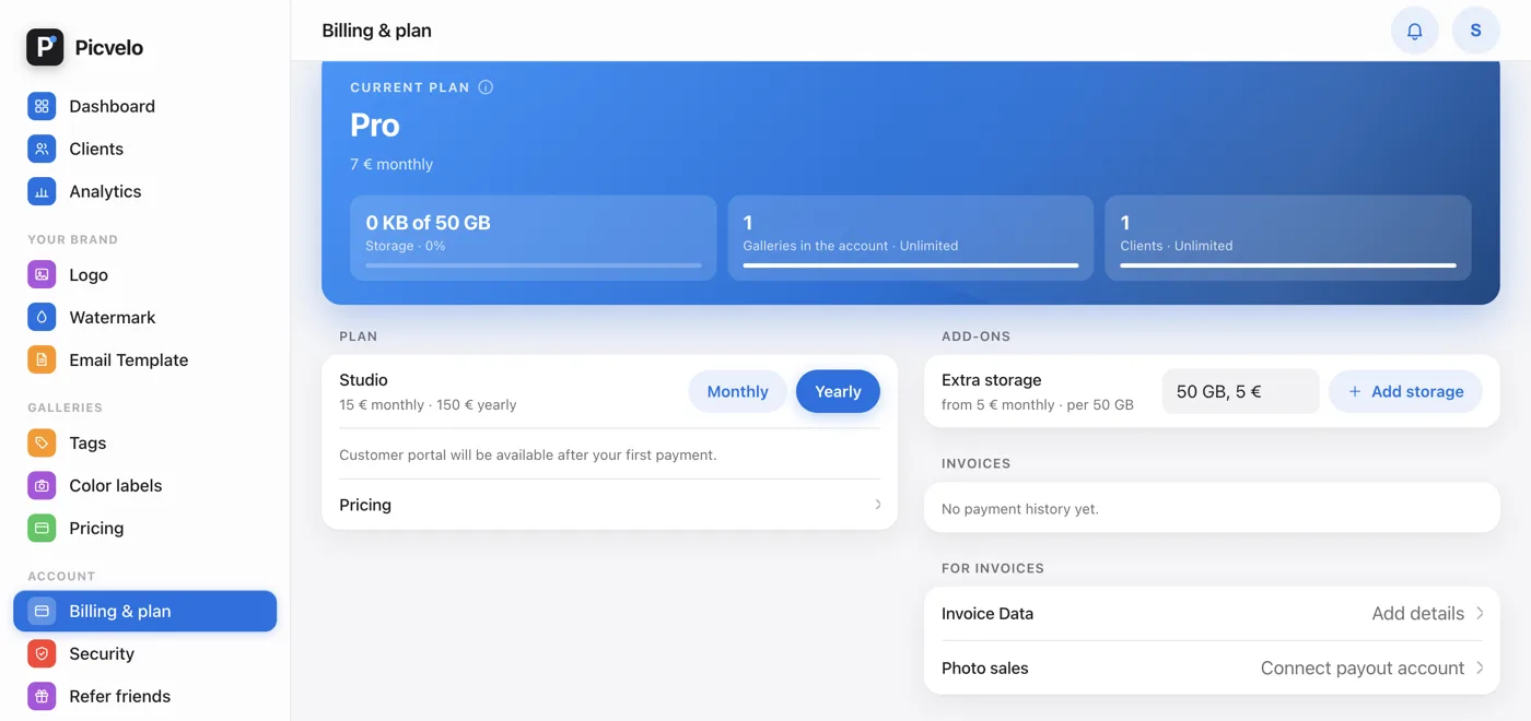 The Add-ons section in the Billing & plan tab with extra storage packs