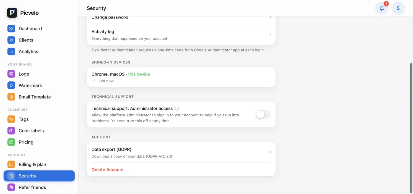 The Security tab with password change, devices and technical support access