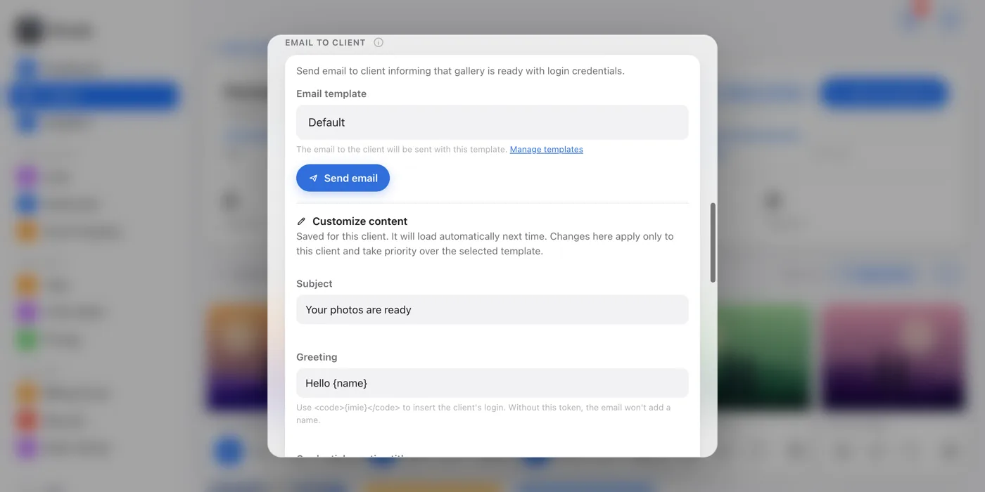The Customize content section with email fields and a preview