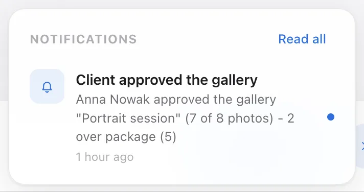 The open notification bell with a list of events and a Read all button