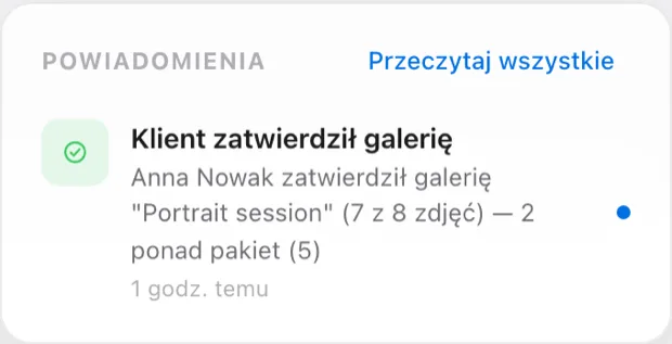 Rozwinięty dzwonek powiadomień z listą zdarzeń i przyciskiem Przeczytaj wszystkie