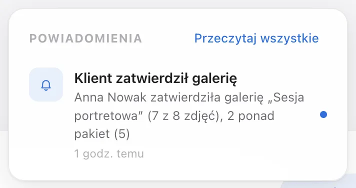 Rozwinięty dzwonek powiadomień z listą zdarzeń i przyciskiem Przeczytaj wszystkie