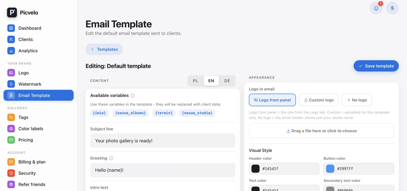 The email template editor with content fields and the email preview next to them
