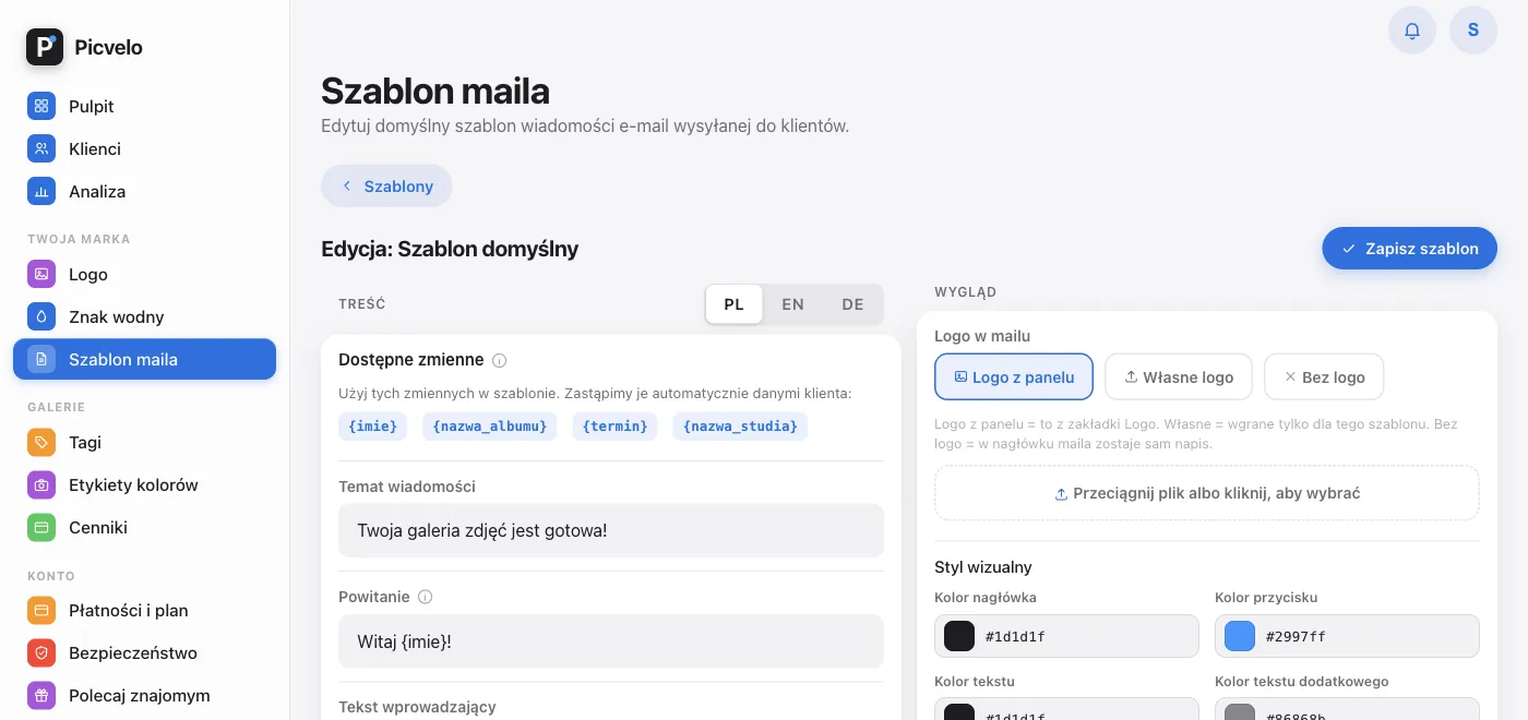 Edytor szablonu maila z polami treści i podglądem wiadomości obok