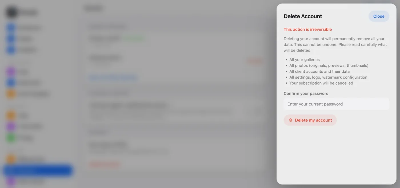 Data export and account deletion in the Security tab
