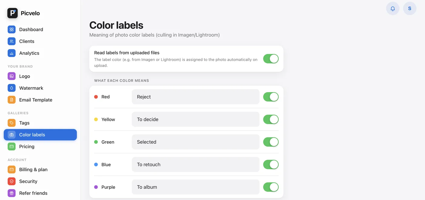 The Color labels tab with names given to the five XMP colors