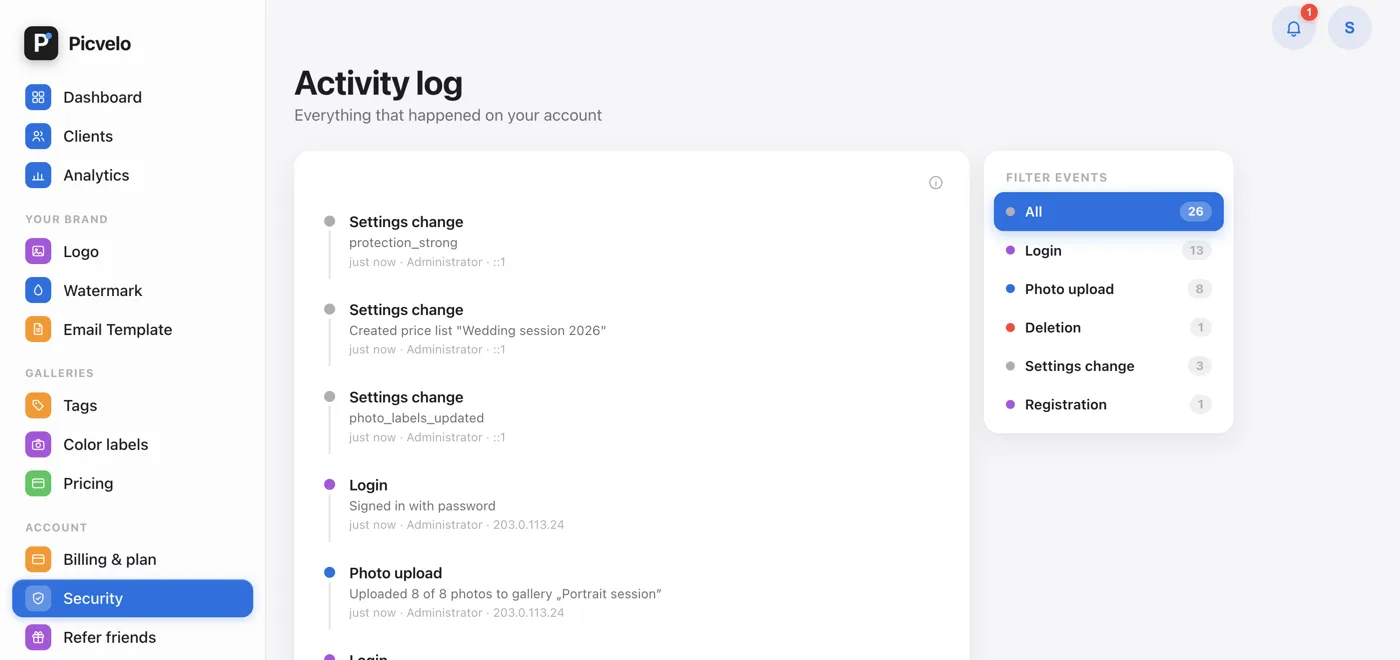 Activity log: event timeline and filter card