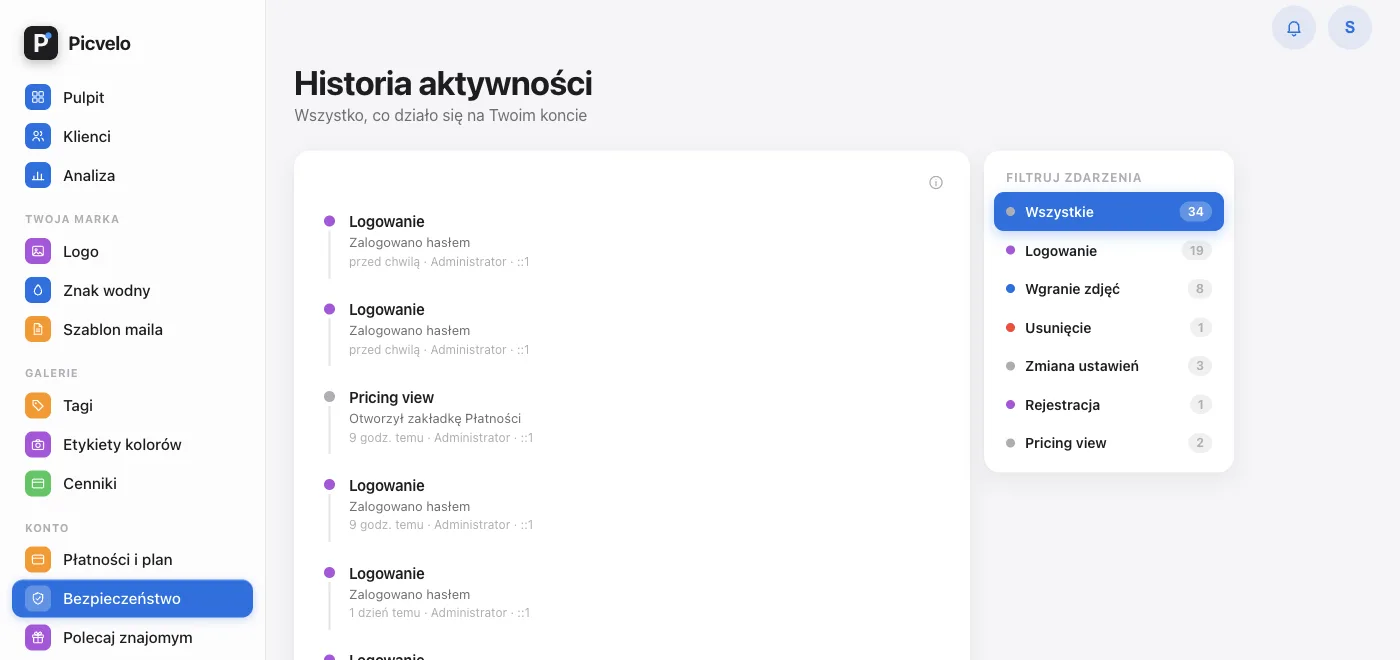 Historia aktywności rejestrująca operacje na koncie