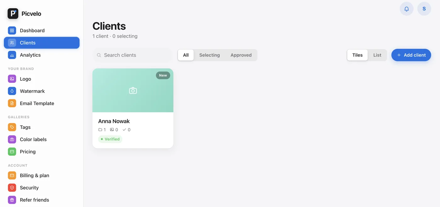 The client list in the panel with the button for adding a new client