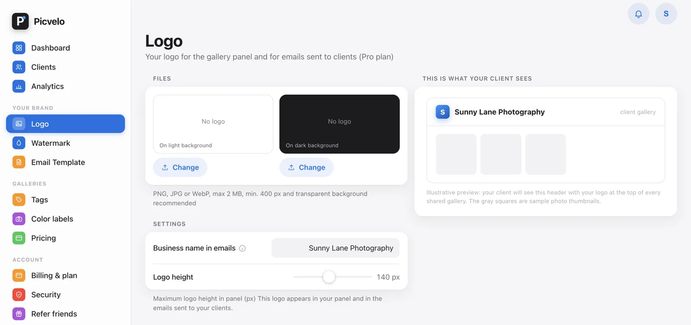 The Logo tab in the Picvelo panel with logo files and the business name field
