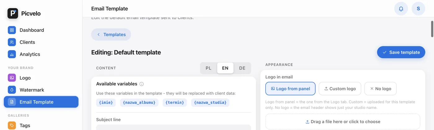 The Logo in email section with three modes and a file upload area