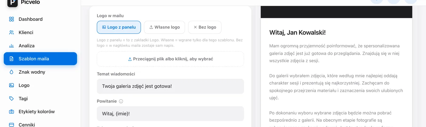 Sekcja Logo w mailu z trzema trybami i strefą wgrywania pliku