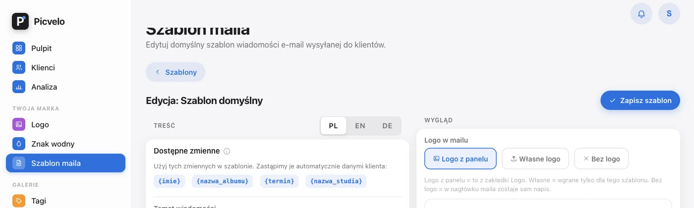 Sekcja Logo w mailu z trzema trybami i strefą wgrywania pliku