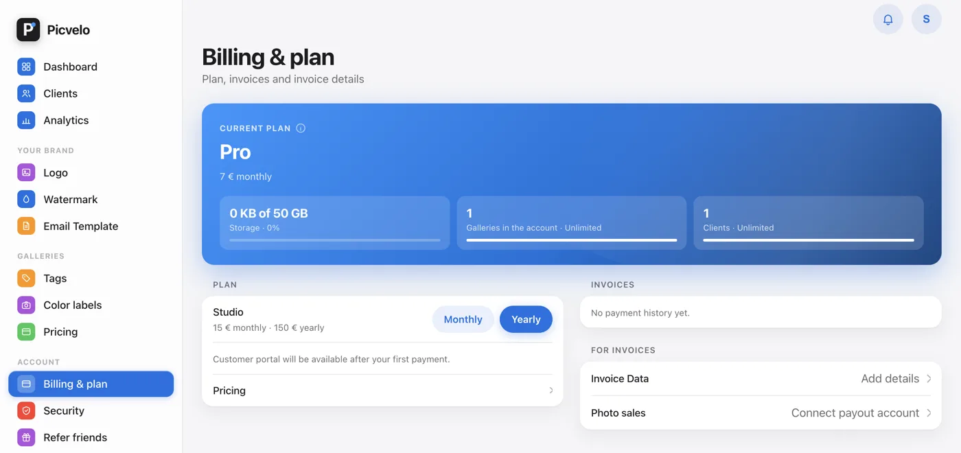 The plan card with storage use and limits