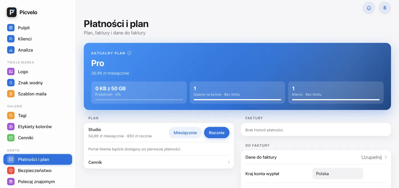 Zakładka Płatności i plan w panelu Picvelo z kartą aktualnego planu