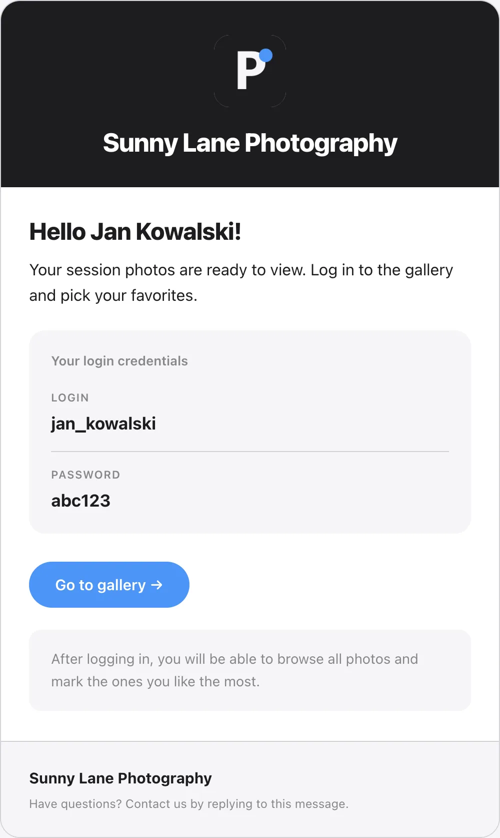 Preview of the gallery email with a brand header, sign-in details and a button