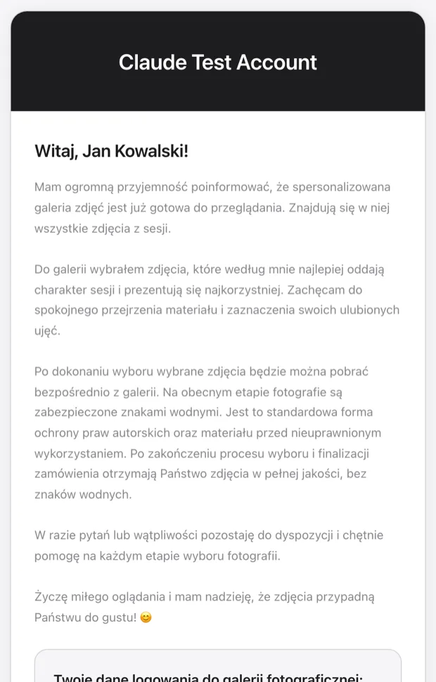 Podgląd maila galeryjnego z nagłówkiem marki, danymi logowania i przyciskiem