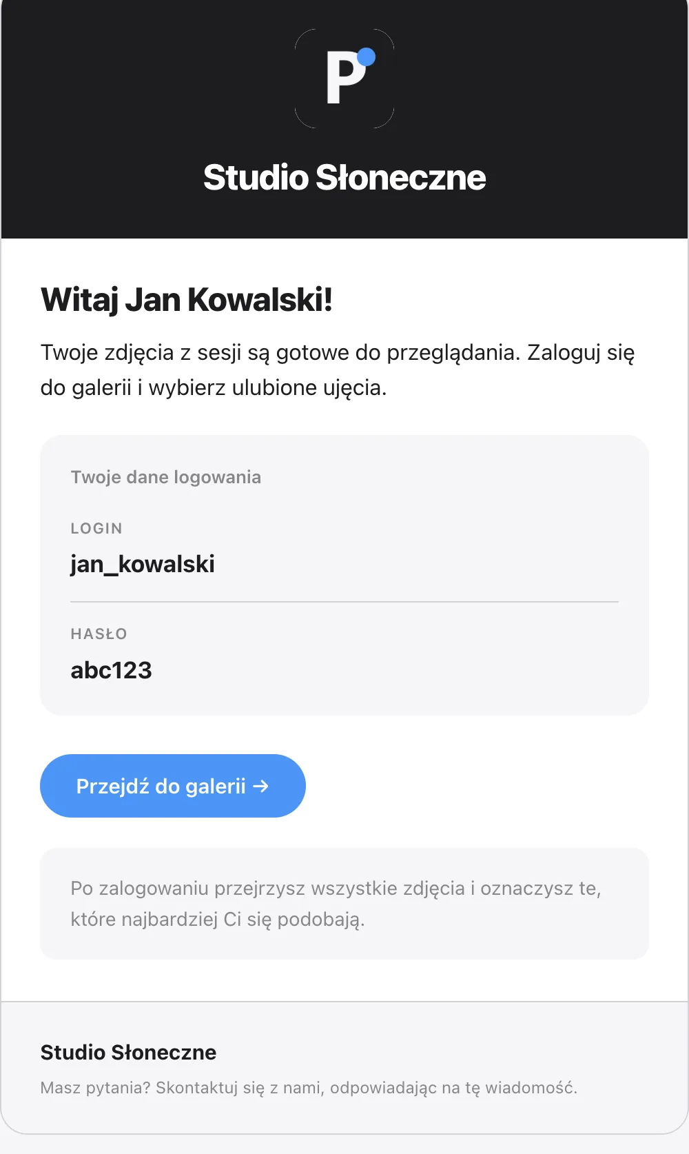 Podgląd maila galeryjnego z nagłówkiem marki, danymi logowania i przyciskiem