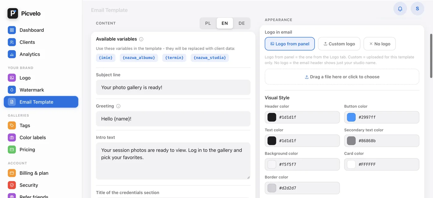 The Visual Style section with color fields, font and button shape