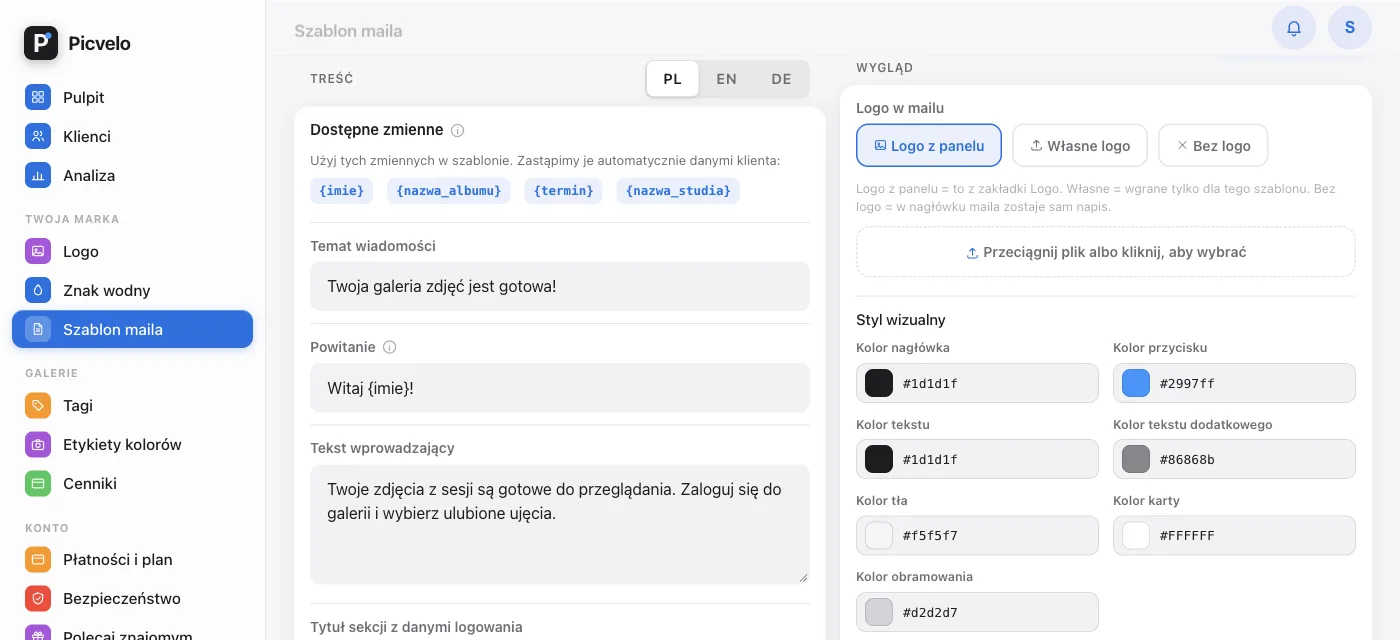 Sekcja Styl wizualny z polami kolorów, czcionką i kształtem przycisku