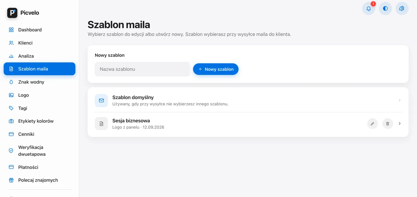 Lista szablonów maila z polem nazwy i przyciskiem Nowy szablon