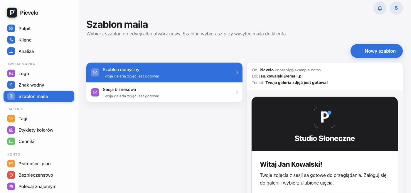 Lista szablonów maila z polem nazwy i przyciskiem Nowy szablon