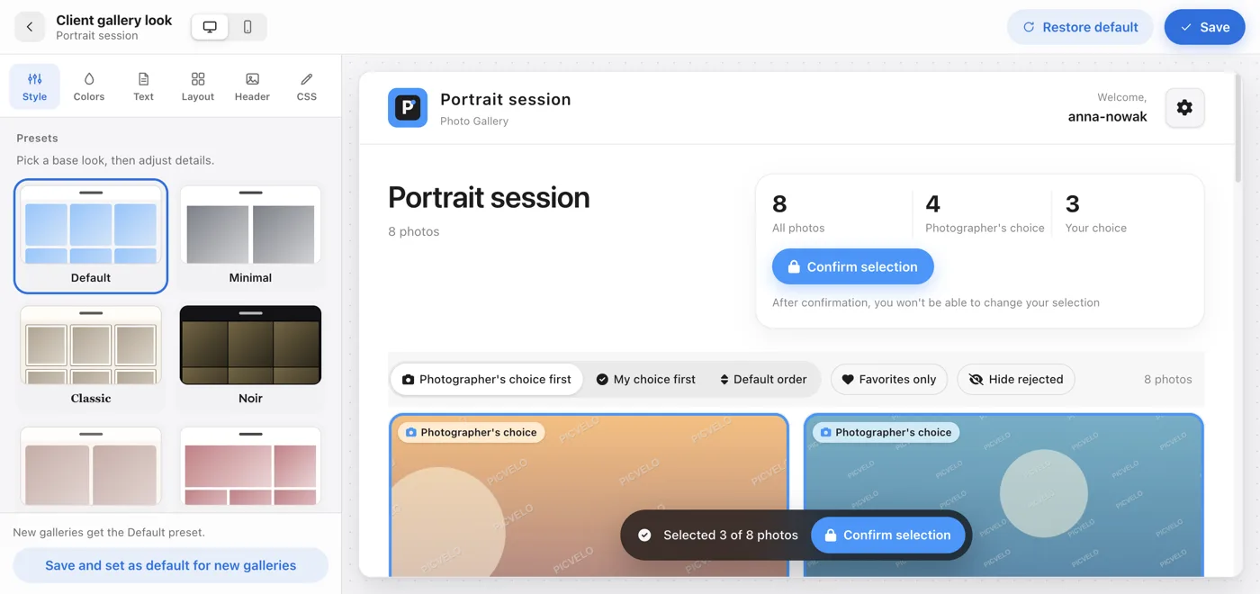 The client gallery look editor: presets, colors and typography