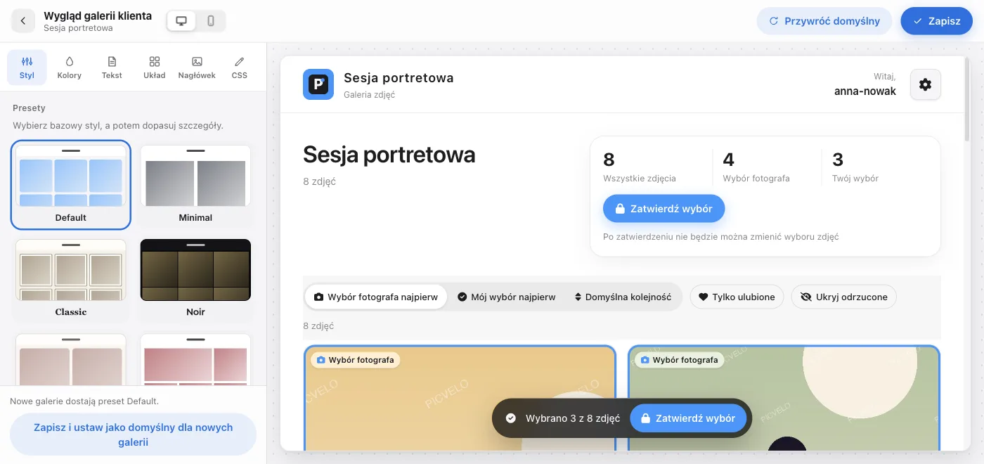 Edytor wyglądu galerii klienta: presety, kolory i typografia