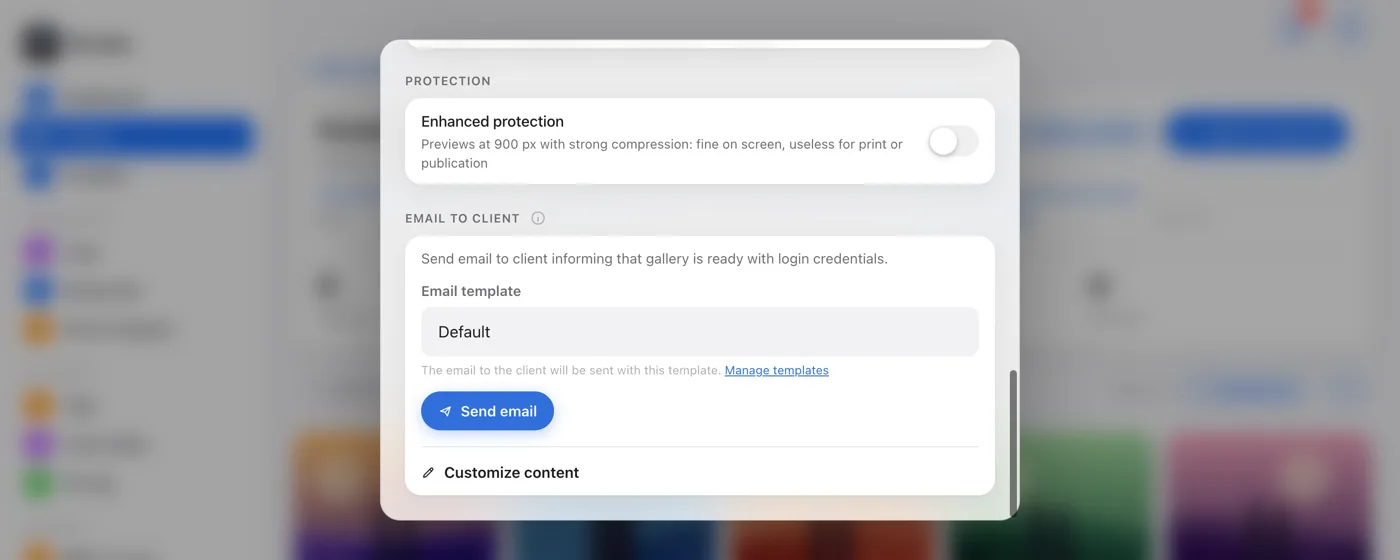 The Email to client section with a template choice and a send button