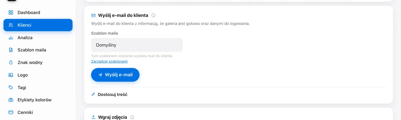 Karta Wyślij e-mail do klienta z wyborem szablonu i przyciskiem wysyłki