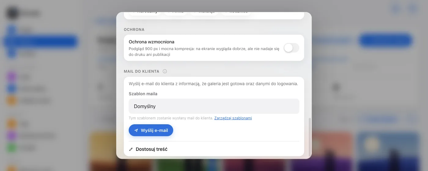 Karta Wyślij e-mail do klienta z wyborem szablonu i przyciskiem wysyłki